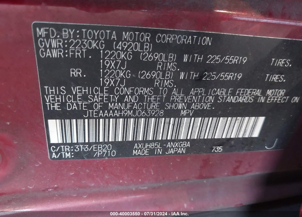 2021 TOYOTA VENZA XLE VIN: JTEAAAAH9MJ063928