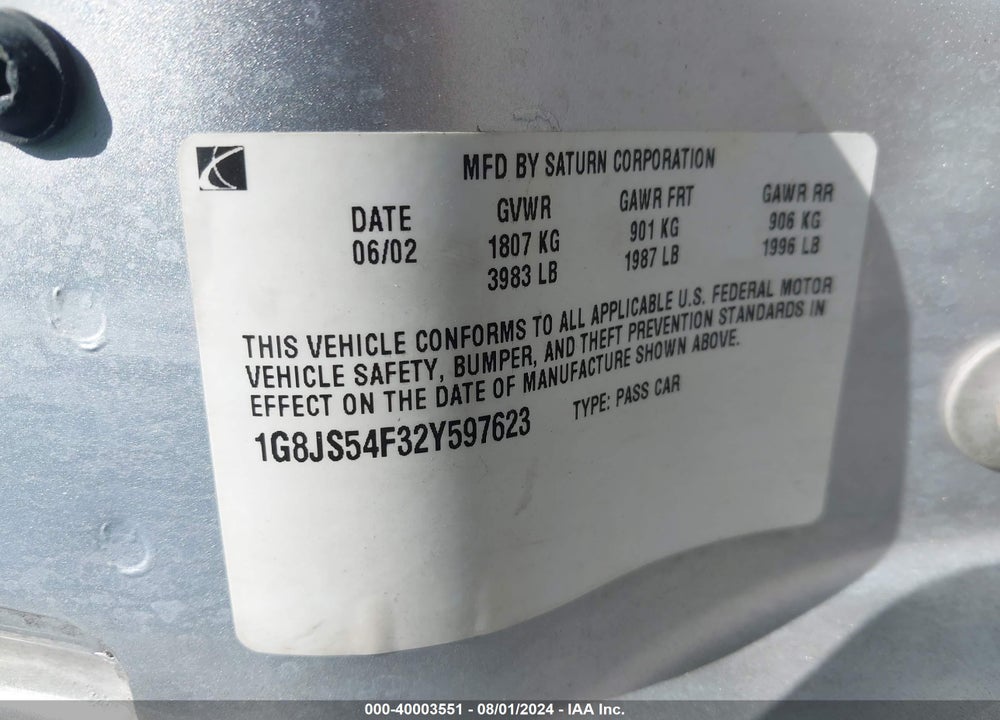 2002 SATURN L-SERIES L100 VIN: 1G8JS54F32Y597623
