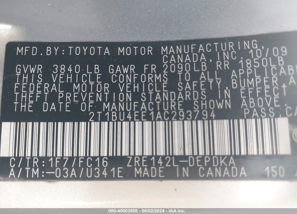 2010 TOYOTA COROLLA LE VIN: 2T1BU4EE1AC293794