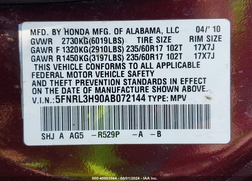 2010 HONDA ODYSSEY TOURING VIN: 5FNRL3H90AB072144