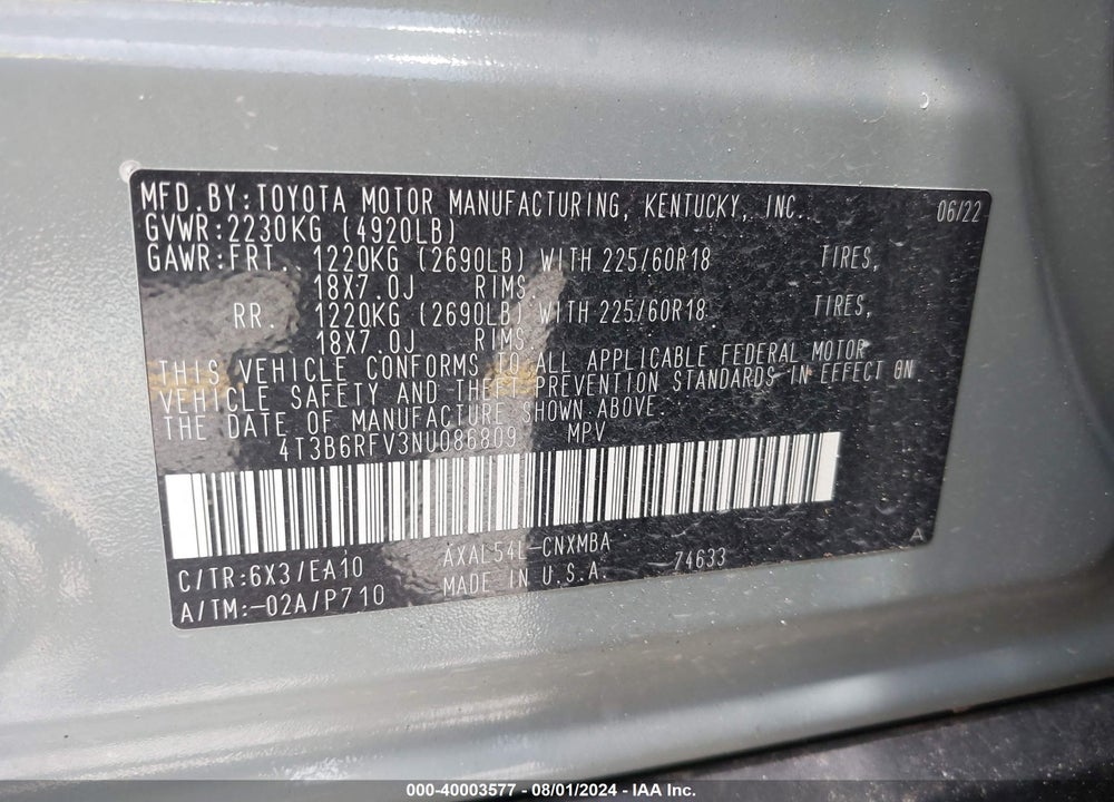 2022 TOYOTA RAV4 HYBRID XLE PREMIUM VIN: 4T3B6RFV3NU086809
