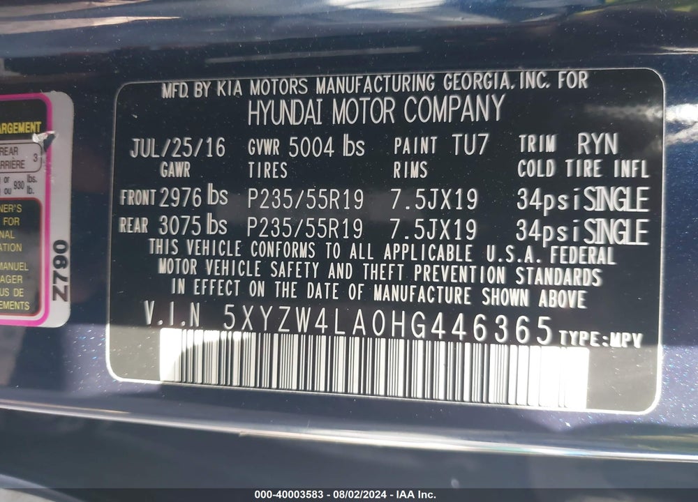 2017 HYUNDAI SANTA FE SPORT 2.0T ULTIMATE VIN: 5XYZW4LA0HG446365