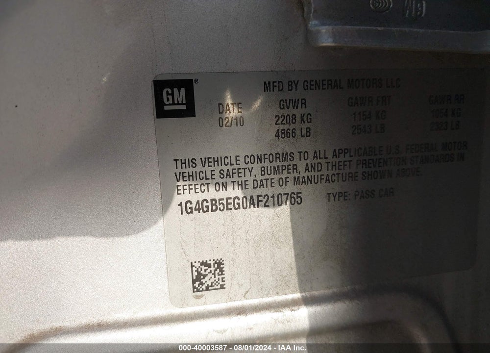 2010 LACROSSE BUICK  CX VIN: 1G4GB5EG0AF210765
