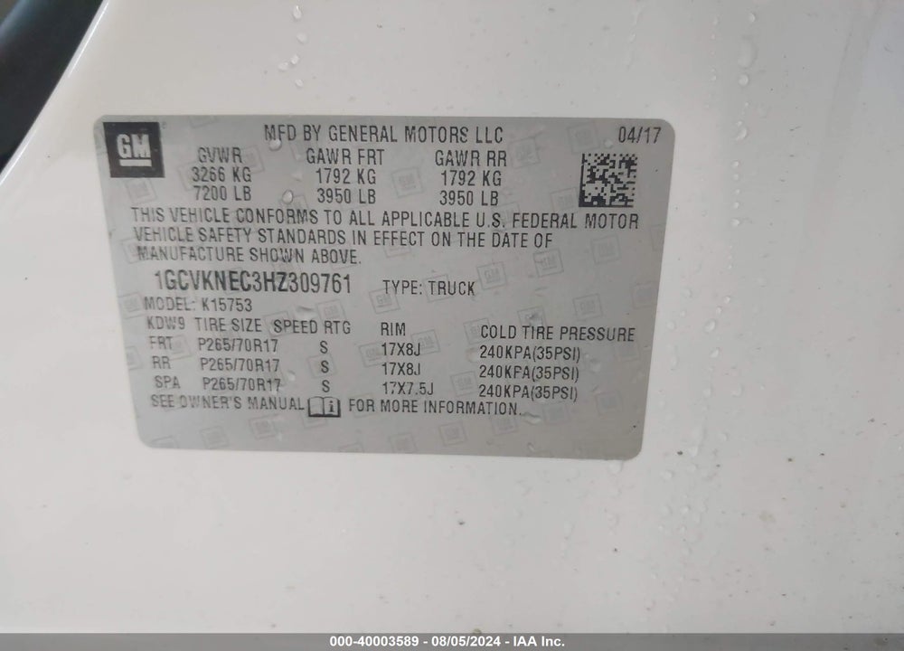 2017 CHEVROLET SILVERADO 1500 WT VIN: 1GCVKNEC3HZ309761