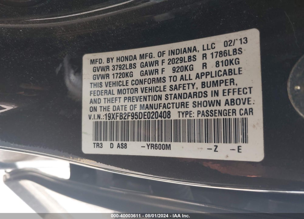 2013 HONDA CIVIC EX-L VIN: 19XFB2F95DE020408