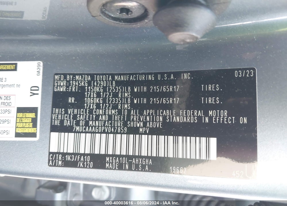 2023 TOYOTA COROLLA CROSS VIN: 7MUCAAAG0PV047859