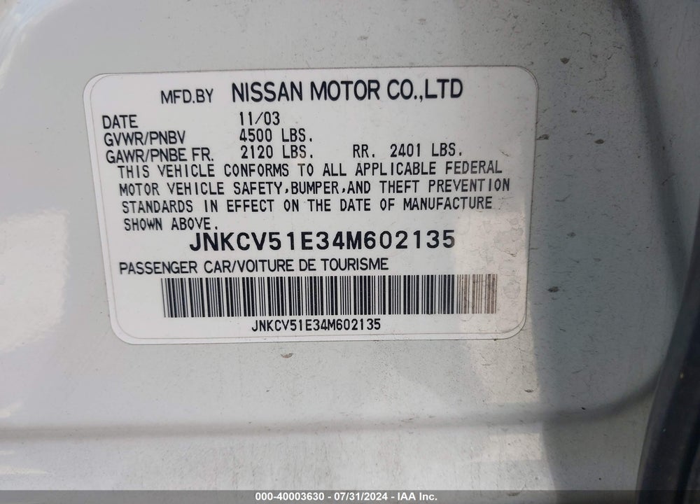 2004 INFINITI G35 VIN: JNKCV51E34M602135