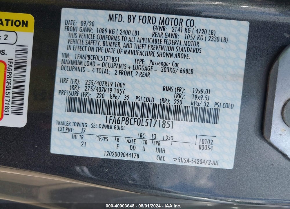2020 FORD MUSTANG GT FASTBACK VIN: 1FA6P8CF0L5171851