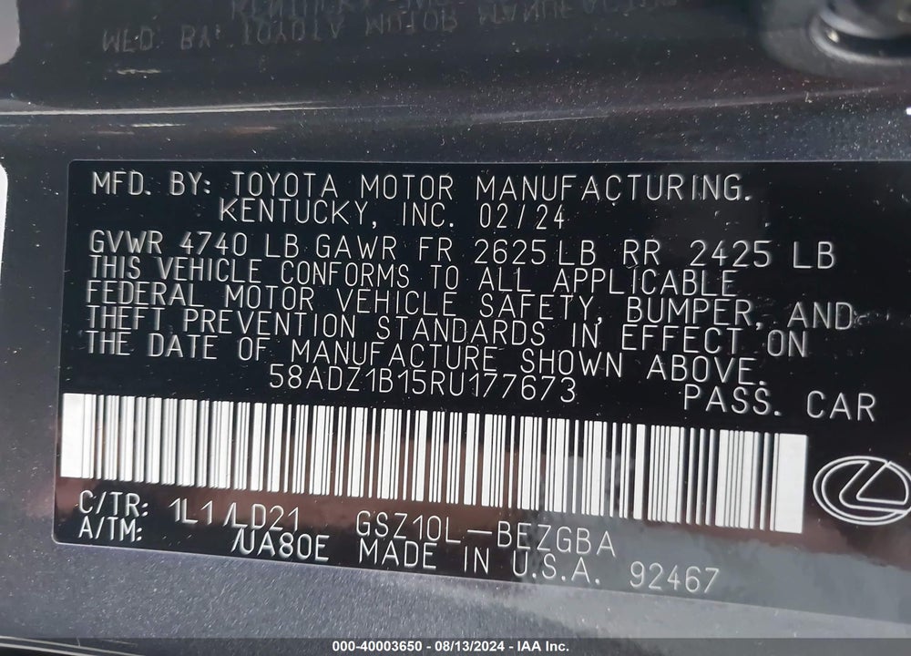 2024 LEXUS ES 350 VIN: 58ADZ1B15RU177673
