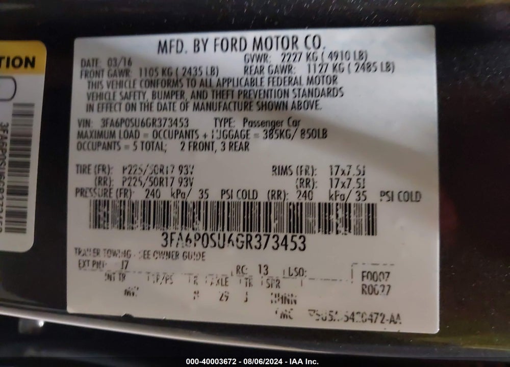 2016 FORD FUSION ENERGI TITANIUM VIN: 3FA6P0SU6GR373453