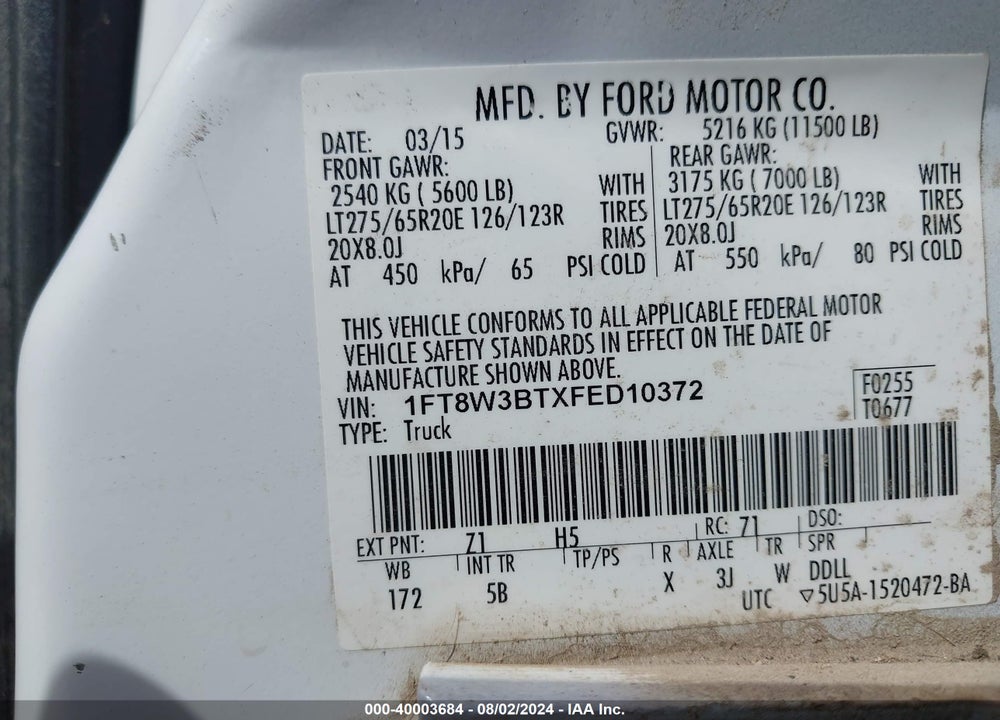 2015 FORD F-350 LARIAT VIN: 1FT8W3BTXFED10372