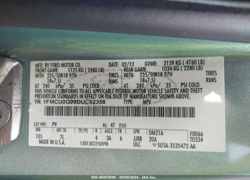 2013 FORD ESCAPE SE VIN: 1FMCU0G99DUC92358