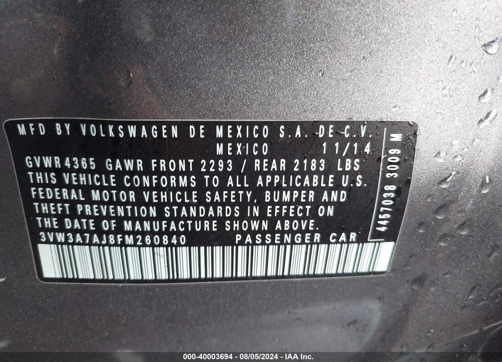 2015 VOLKSWAGEN JETTA 2.0L TDI SE VIN: 3VW3A7AJ8FM260840