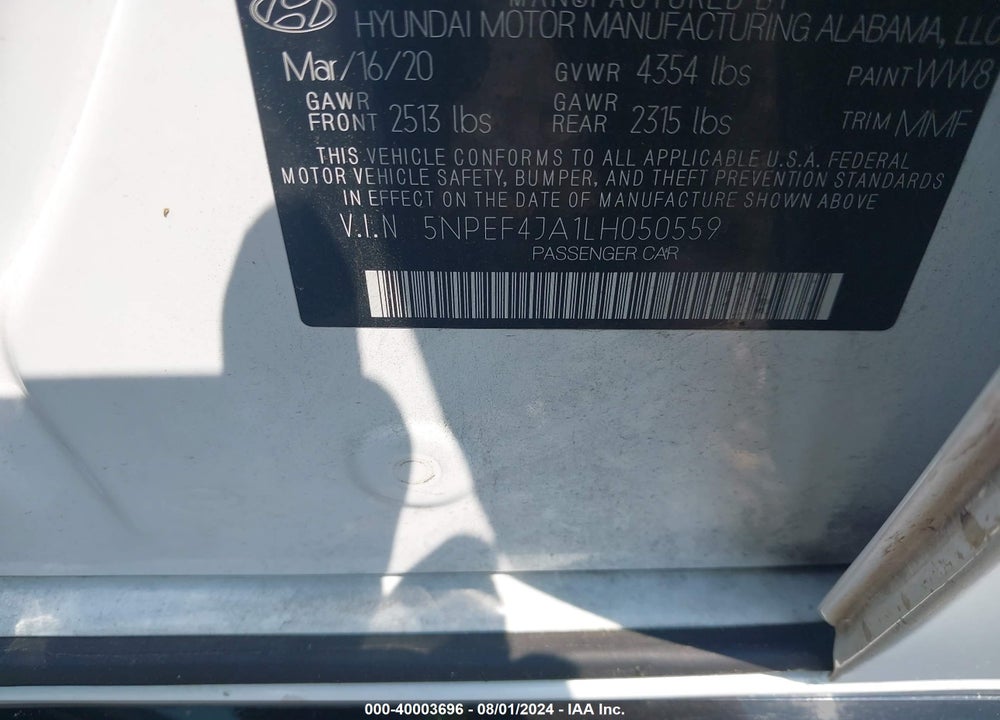2020 HYUNDAI SONATA SEL VIN: 5NPEF4JA1LH050559