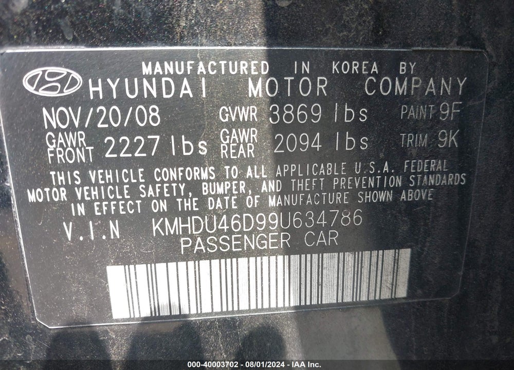 2009 HYUNDAI ELANTRA GLS VIN: KMHDU46D99U634786