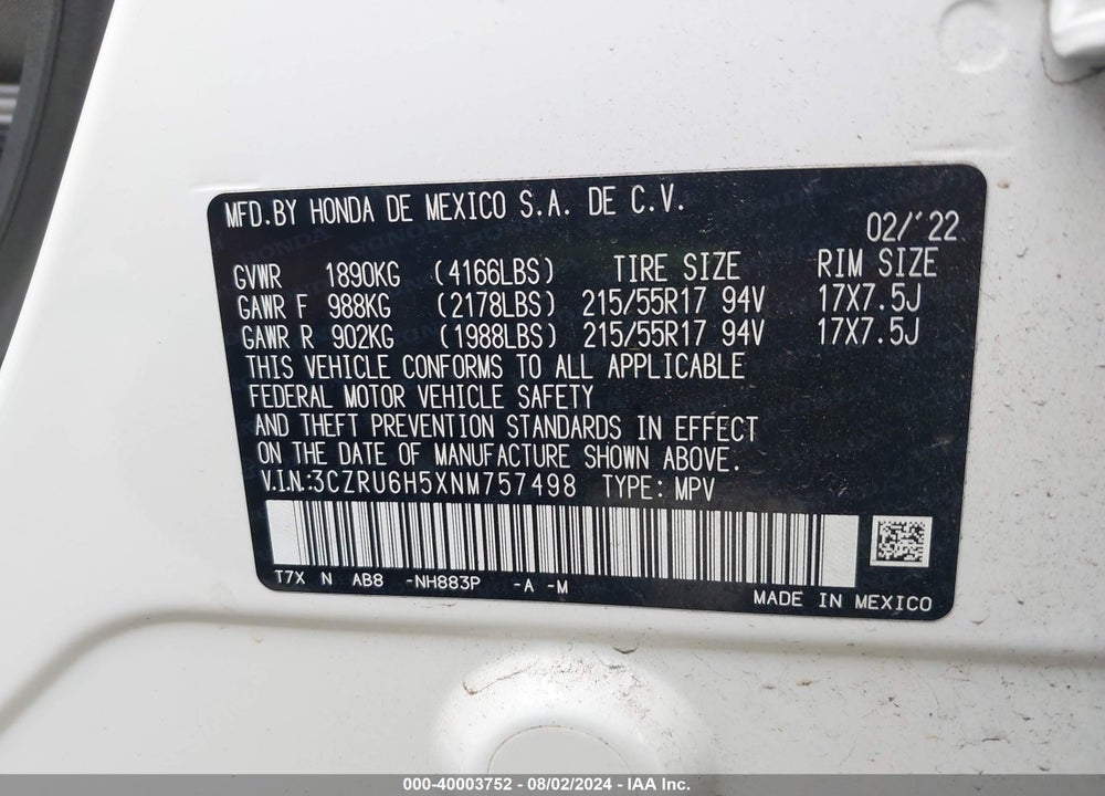 2022 HONDA HR-V AWD EX VIN: 3CZRU6H5XNM757498