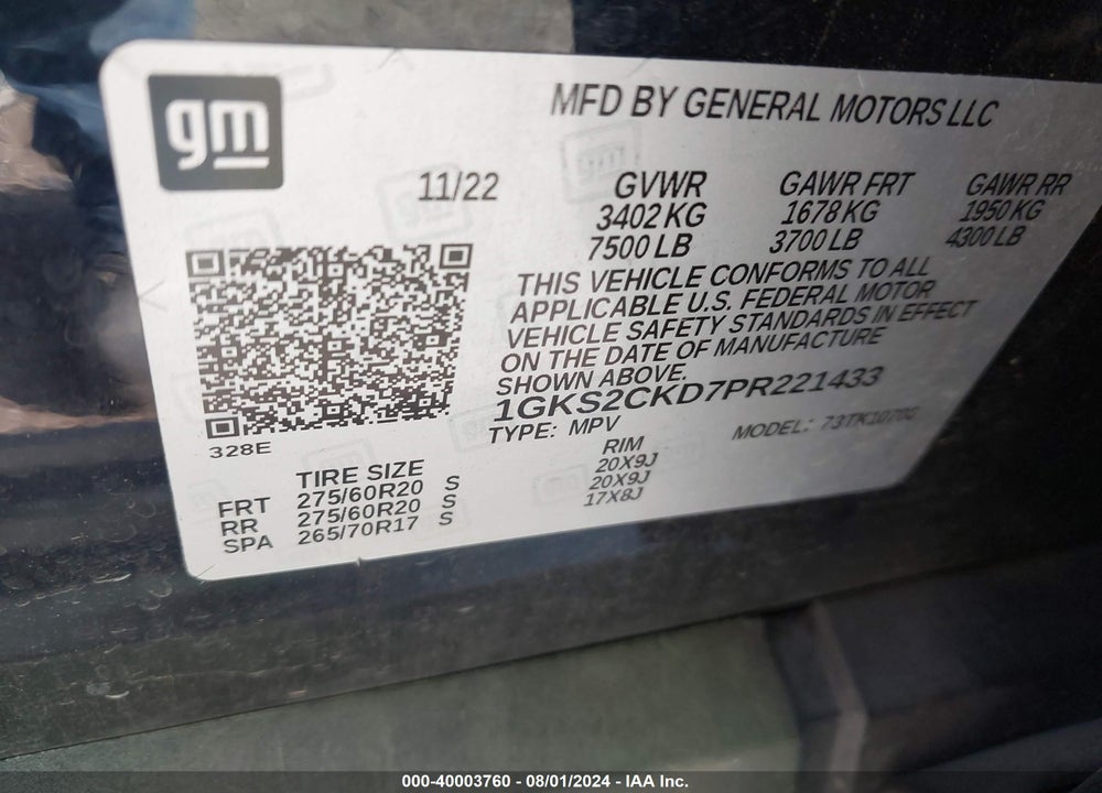 2023 GMC YUKON 4WD AT4 VIN: 1GKS2CKD7PR221433