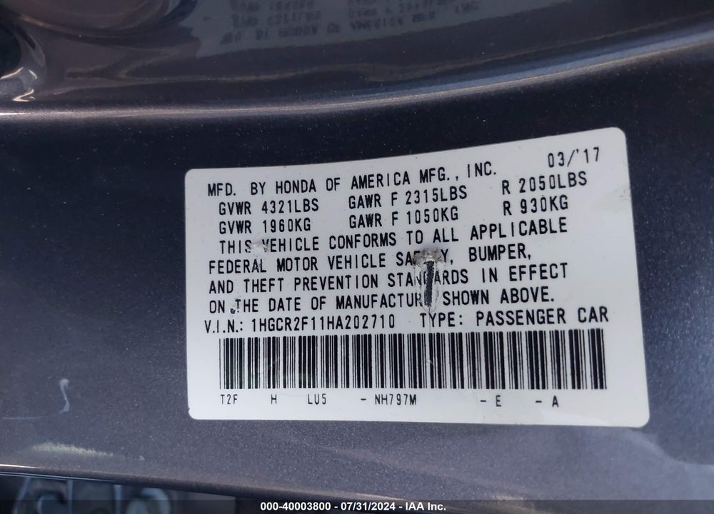2017 HONDA ACCORD SPORT SE VIN: 1HGCR2F11HA202710