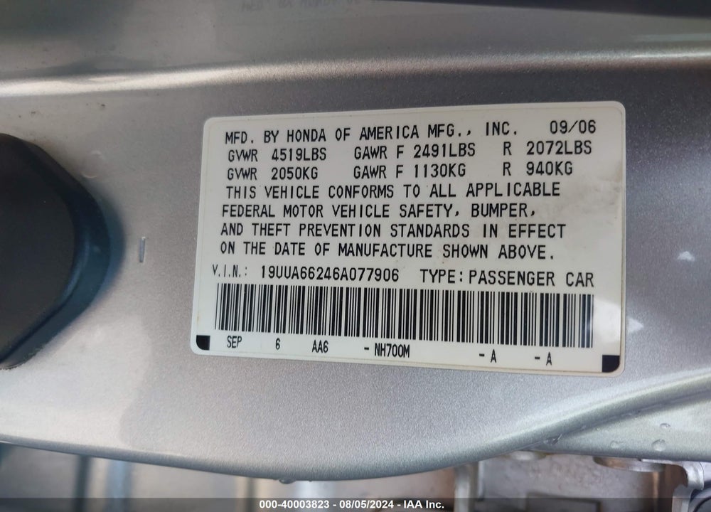 2006 ACURA TL VIN: 19UUA66246A077906