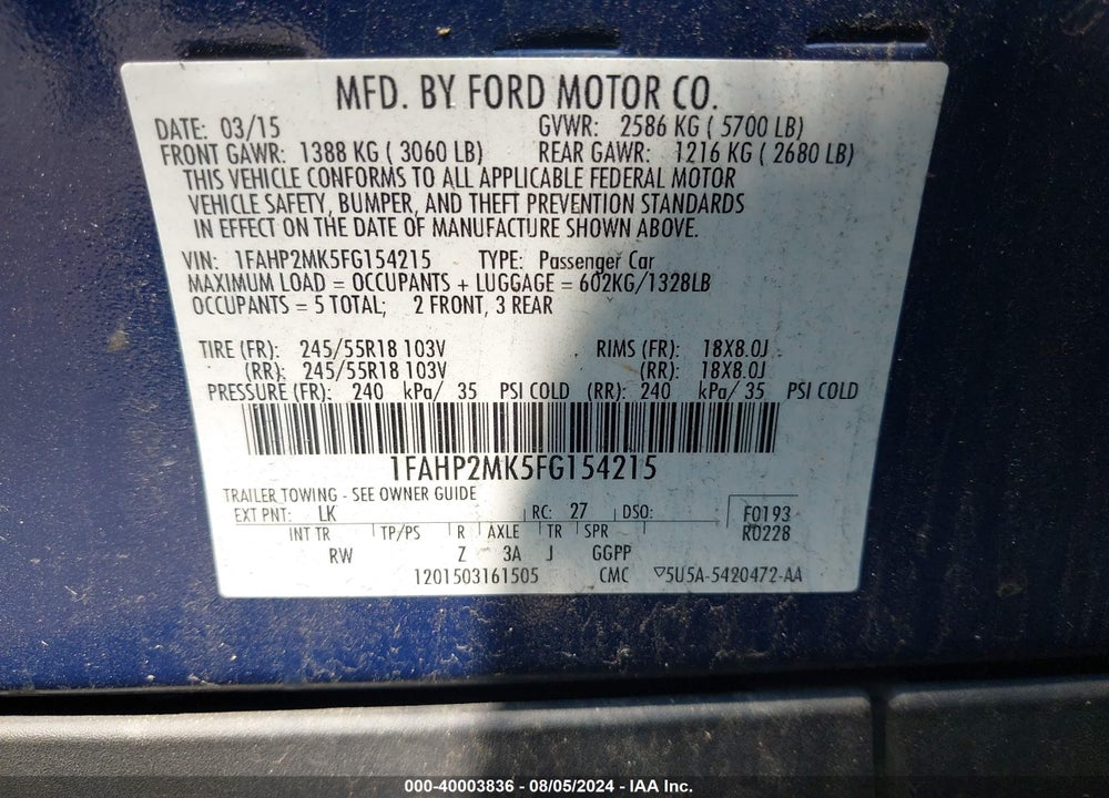 2015 FORD POLICE INTERCEPTOR VIN: 1FAHP2MK5FG154215