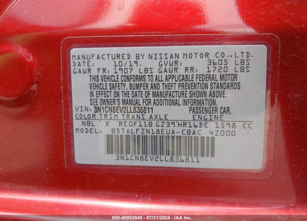 2020 NISSAN VERSA SV XTRONIC CVT VIN: 3N1CN8EV2LL836811