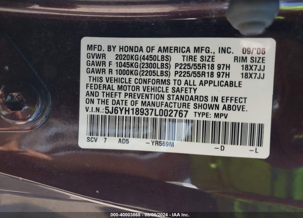 2007 HONDA ELEMENT SC VIN: 5J6YH18937L002767