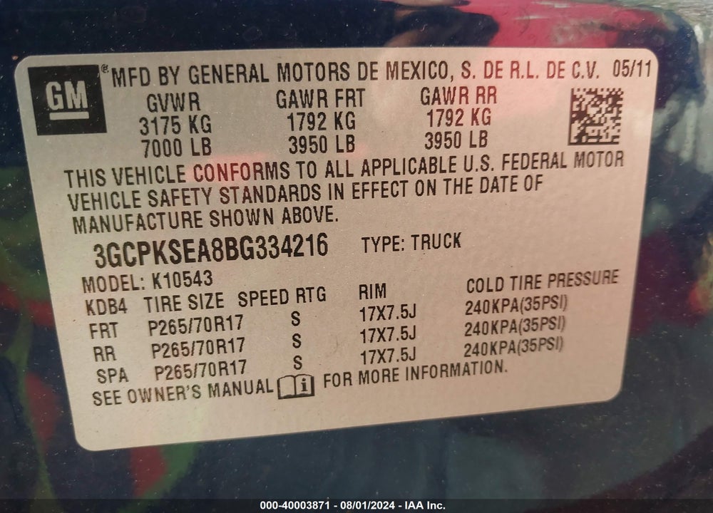 2011 CHEVROLET SILVERADO 1500 LT VIN: 3GCPKSEA8BG334216
