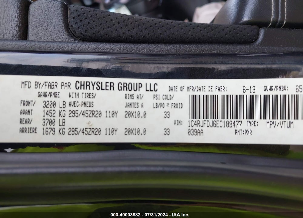 2014 JEEP GRAND CHEROKEE SRT VIN: 1C4RJFDJ6EC189477