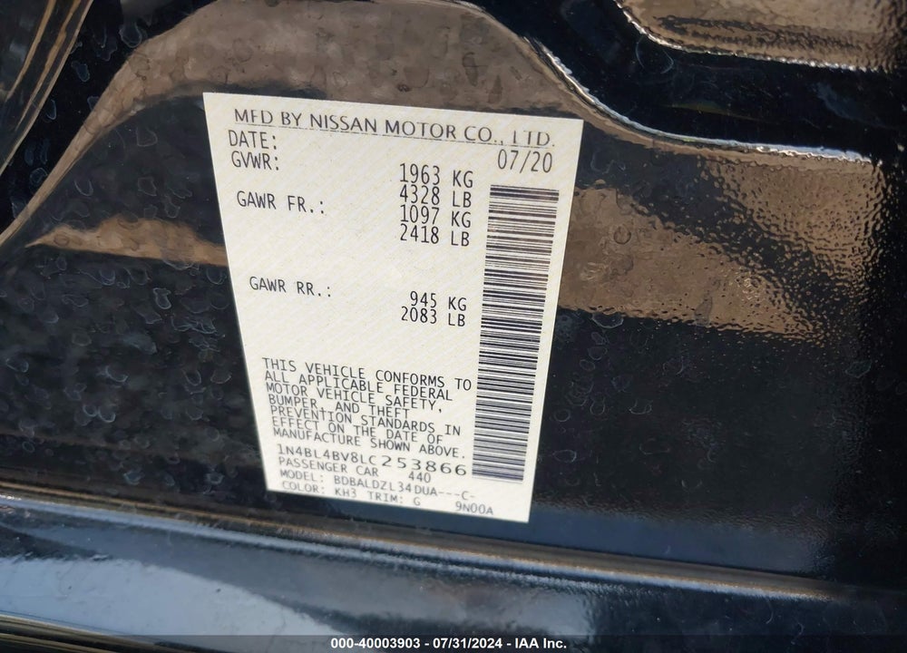 2020 NISSAN ALTIMA S FWD VIN: 1N4BL4BV8LC253866