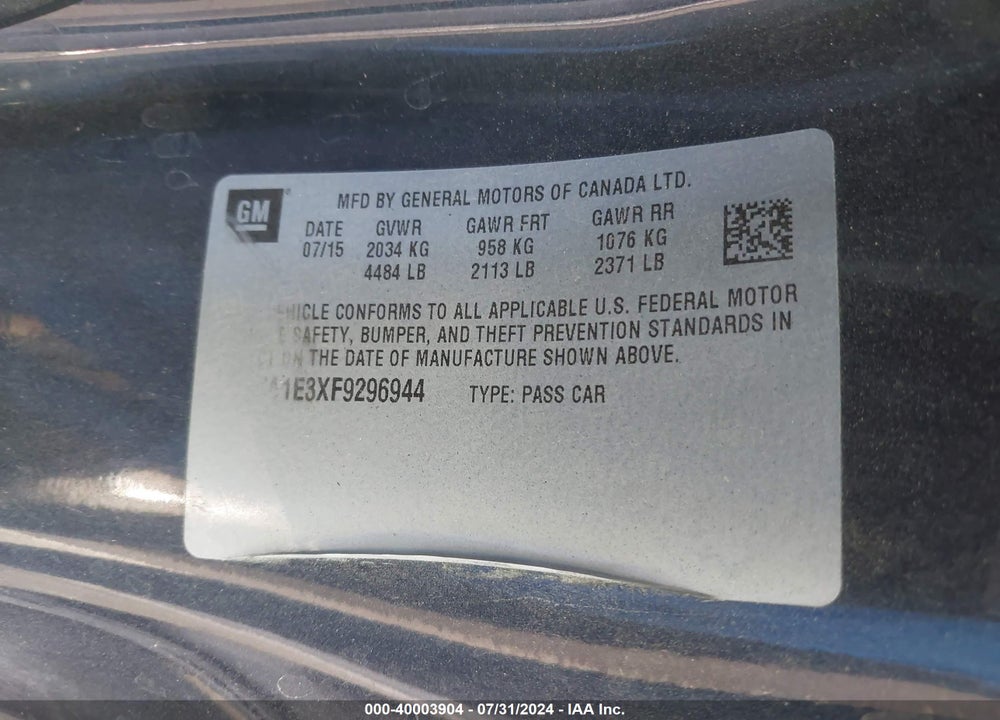 2015 CHEVROLET CAMARO 1LS VIN: 2G1FA1E3XF9296944
