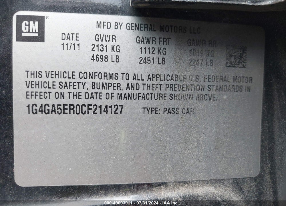 2012 BUICK LACROSSE VIN: 1G4GA5ER0CF214127