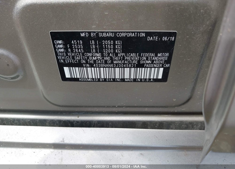 2018 SUBARU LEGACY 2.5I LIMITED VIN: 4S3BNAN63J3045821