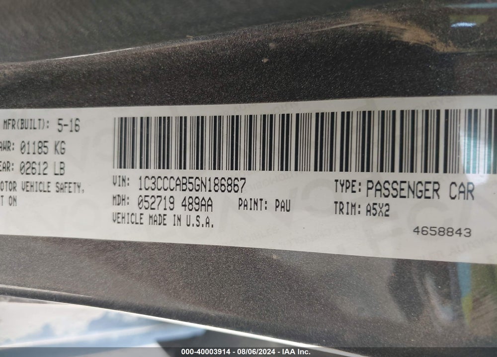 2016 CHRYSLER 200 LIMITED VIN: 1C3CCCAB5GN186867