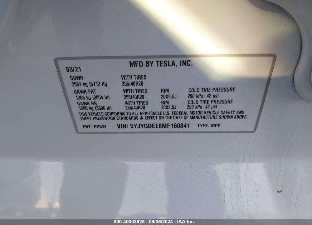 2021 TESLA MODEL Y LONG RANGE DUAL MOTOR ALL-WHEEL DRIVE VIN: 5YJYGDEE8MF160841