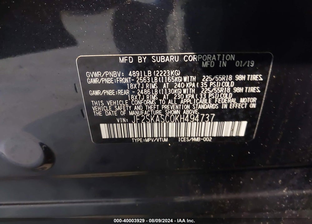 2019 SUBARU FORESTER LIMITED VIN: JF2SKASC0KH494737