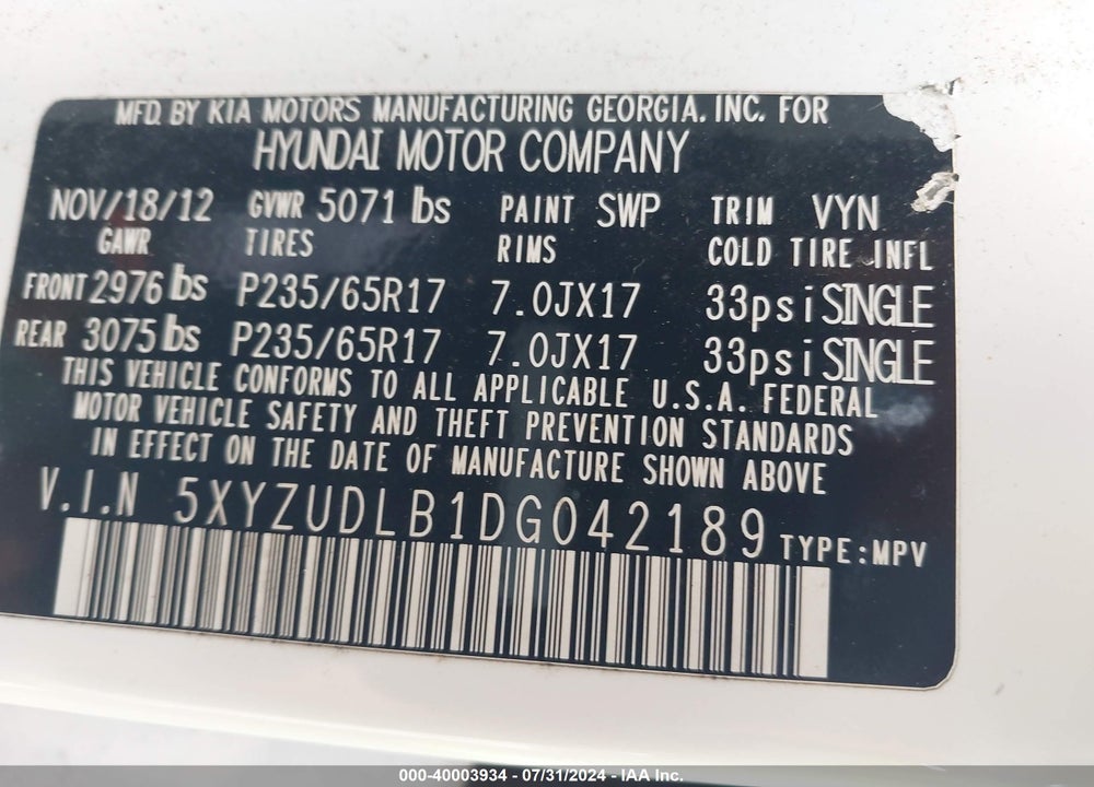 2013 HYUNDAI SANTA FE VIN: 5XYZUDLB1DG042189