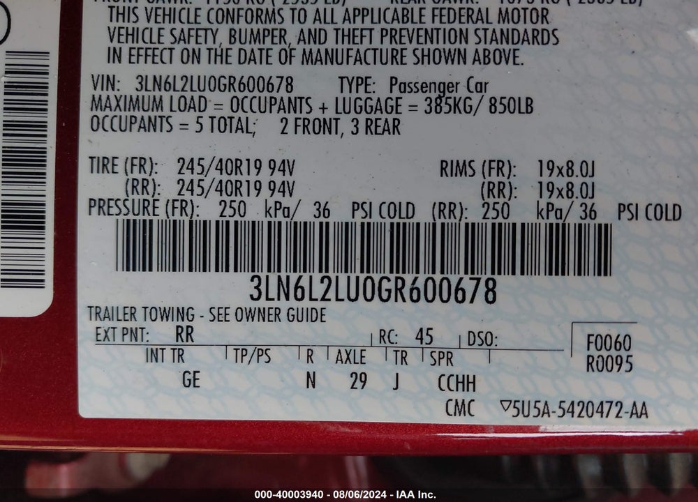 2016 LINCOLN MKZ HYBRID VIN: 3LN6L2LU0GR600678