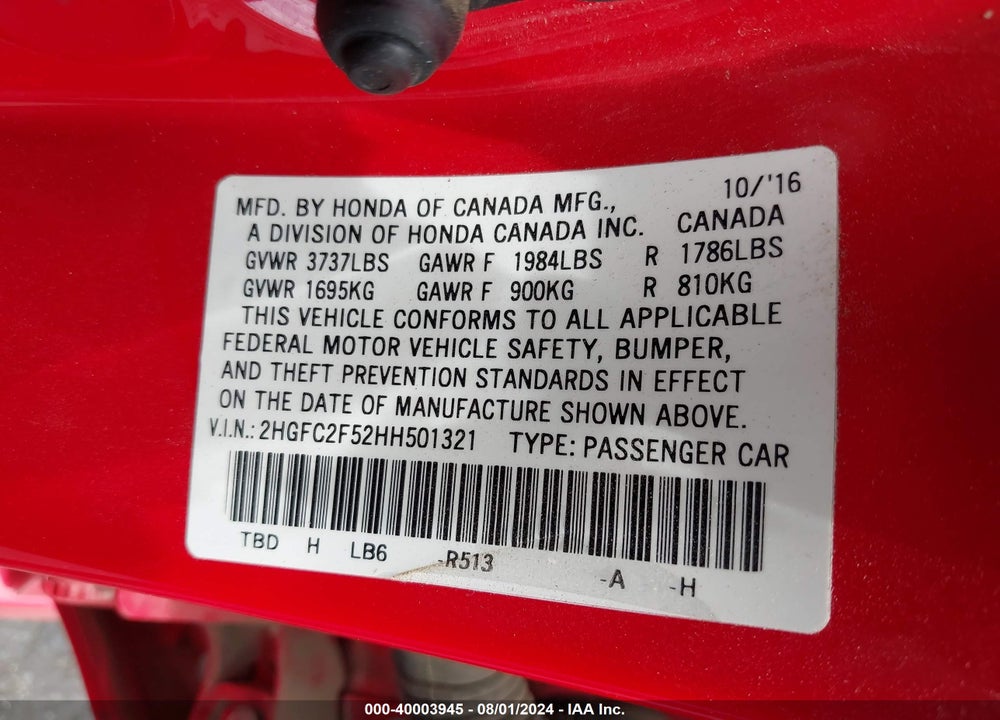 2017 HONDA CIVIC LX VIN: 2HGFC2F52HH501321