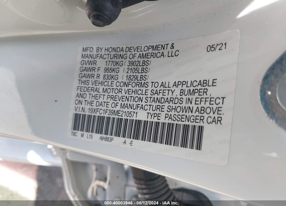 2021 HONDA CIVIC EX VIN: 19XFC1F39ME210571