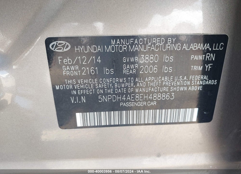 2014 HYUNDAI ELANTRA VIN: 5NPDH4AE8EH488863