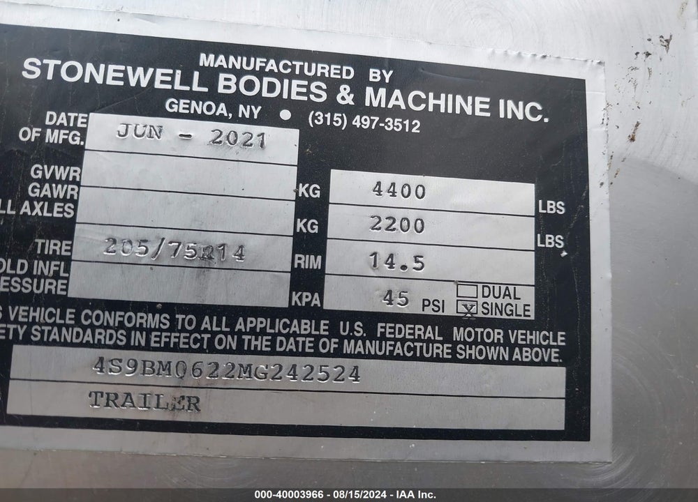2021 STONEWELL MINI VIN: 4S9BM0622MG242524