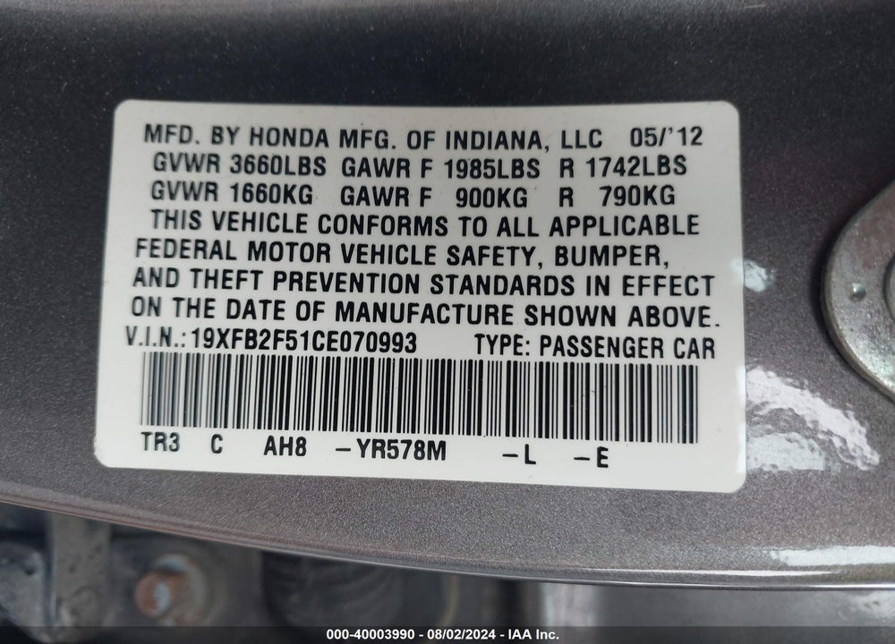 2012 HONDA CIVIC LX VIN: 19XFB2F51CE070993