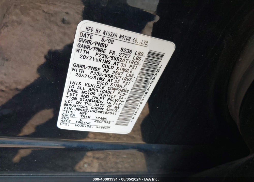 2009 NISSAN MURANO LE VIN: JN8AZ18W29W156841