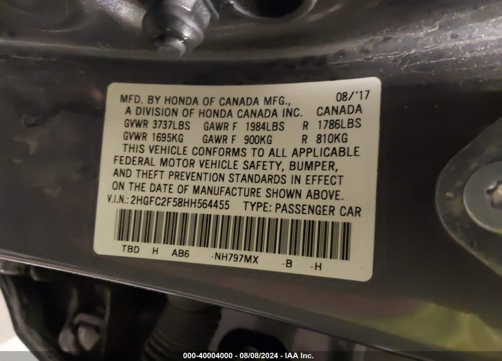 2017 HONDA CIVIC LX VIN: 2HGFC2F58HH564455