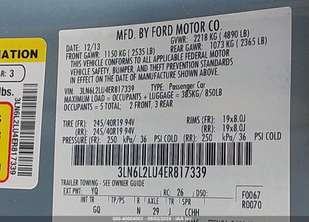 2014 LINCOLN MKZ HYBRID VIN: 3LN6L2LU4ER817339