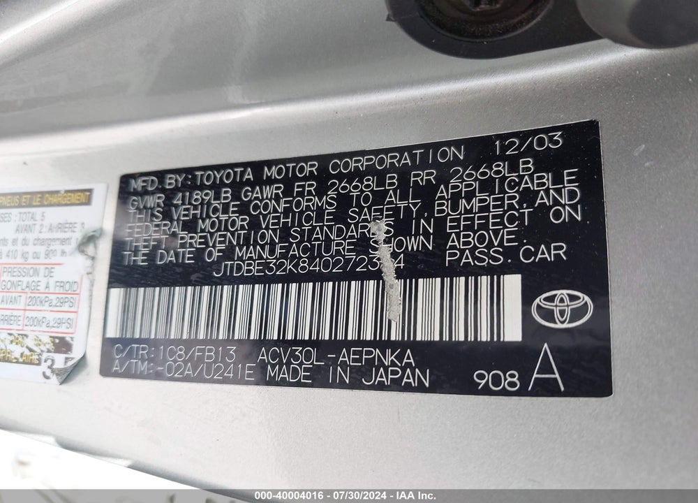 2004 TOYOTA CAMRY LE VIN: JTDBE32K840272344