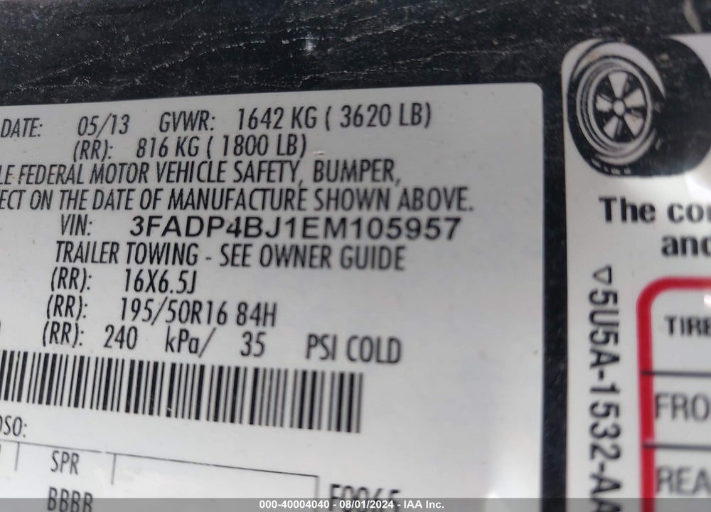 2014 FORD FIESTA VIN: 3FADP4BJ1EM105957