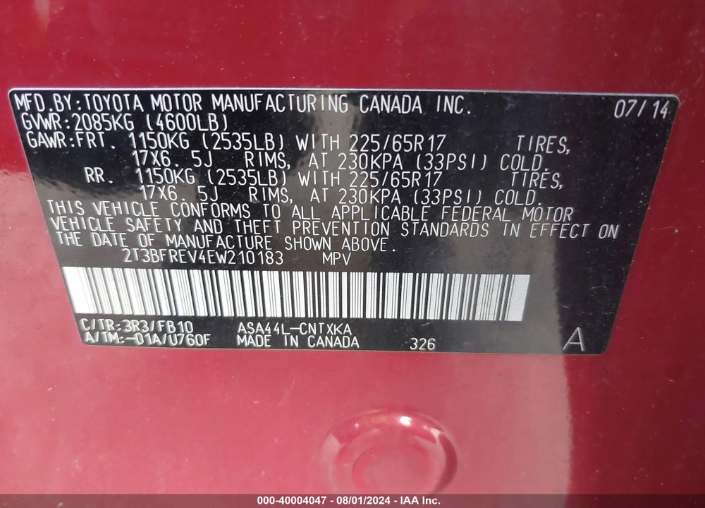 2014 TOYOTA RAV4 VIN: 2T3BFREV4EW210183