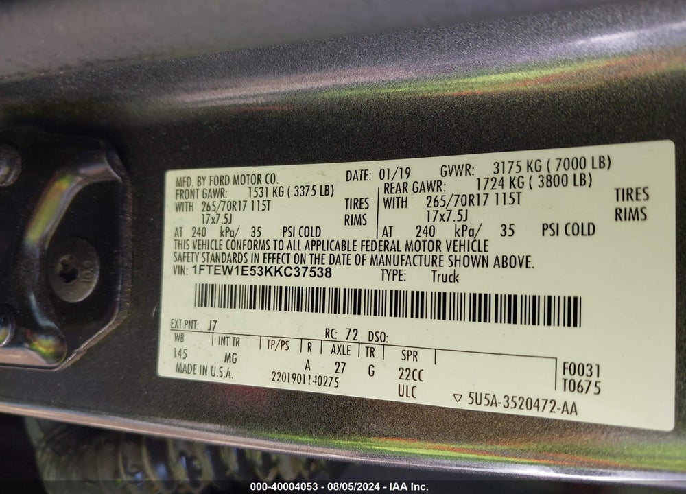 2019 FORD F-150 XLT VIN: 1FTEW1E53KKC37538