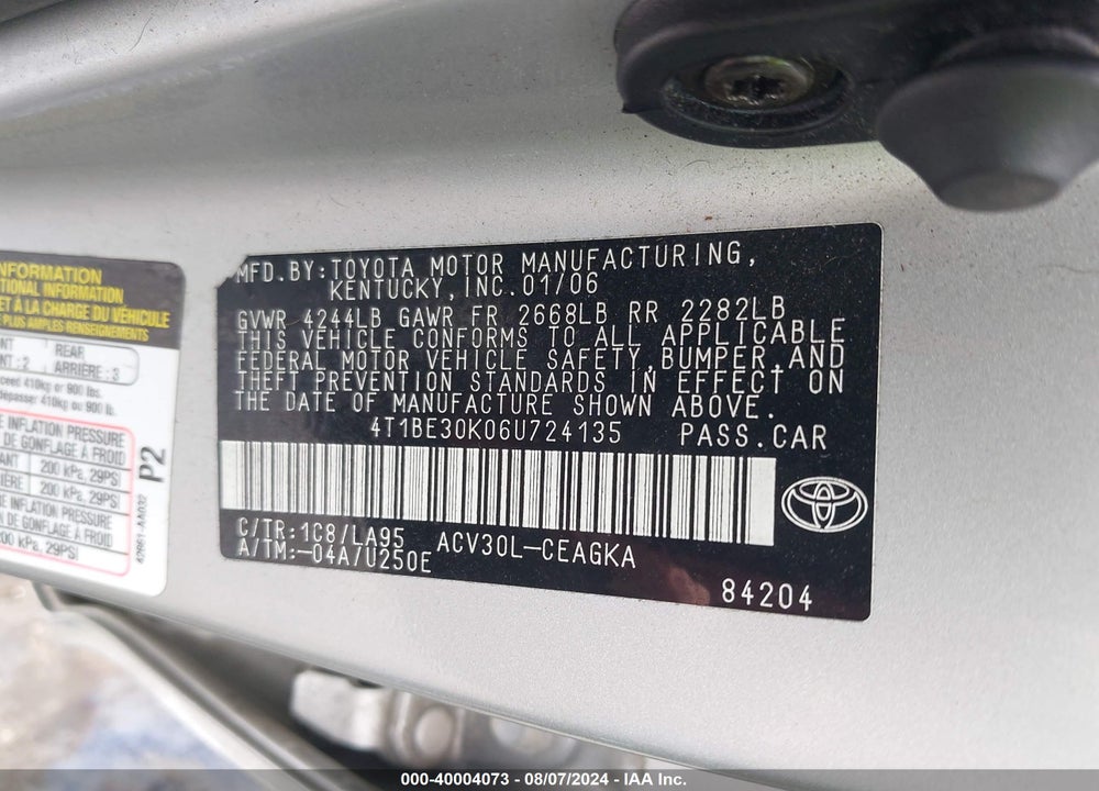 2006 TOYOTA CAMRY XLE VIN: 4T1BE30K06U724135